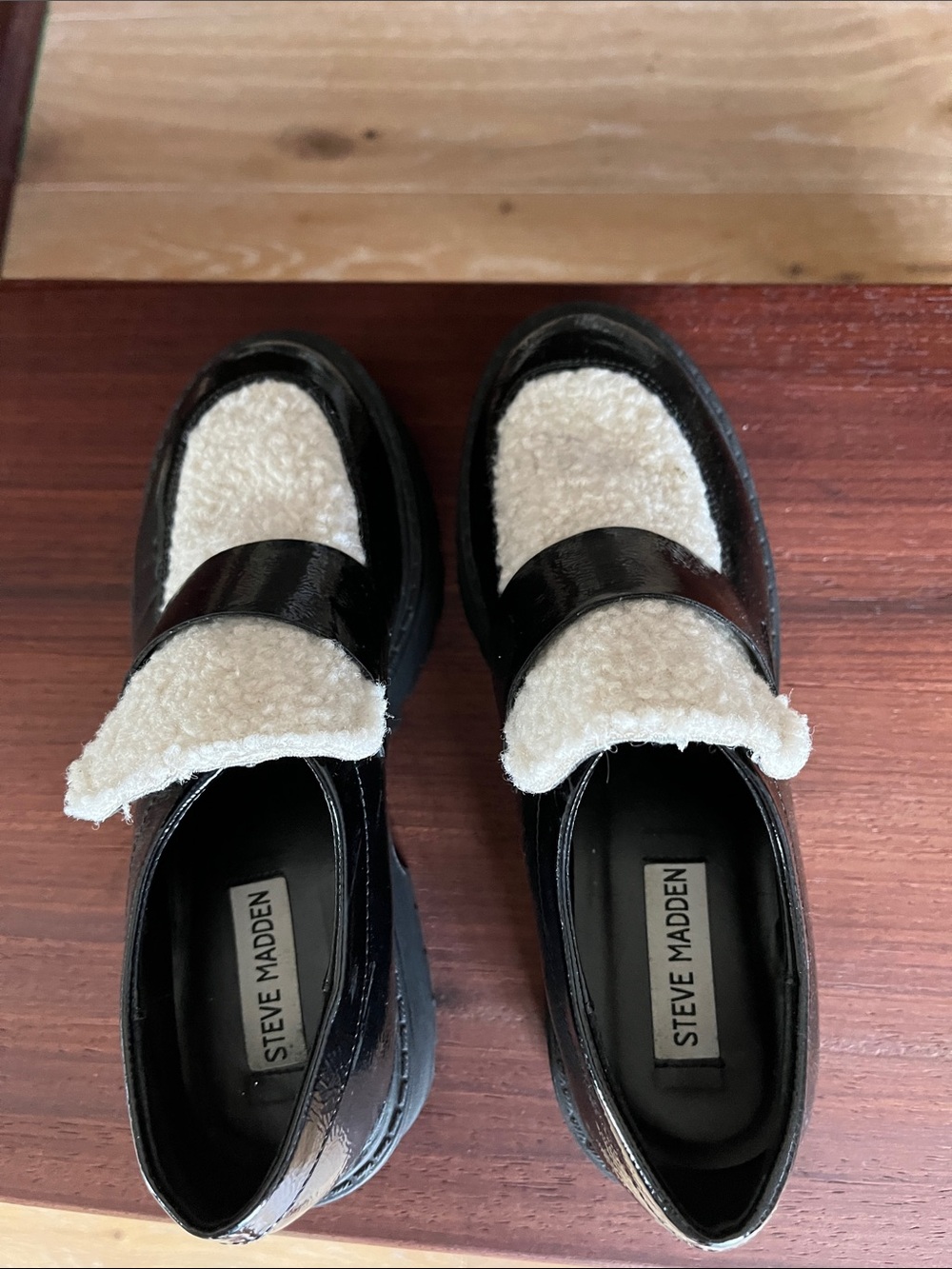 Steve Madden Black Patent Loafers with Cream Sherpa Trim